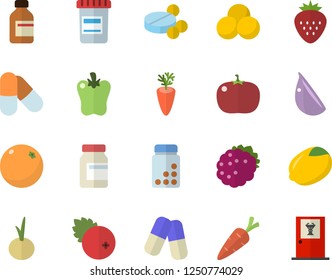 Color flat icon set lemon flat vector, carrot, garlic, onion, bell pepper, tomato, cranberry, Strawberry, blackberry, orange, pills, vial, vitamins, doctor's office fector