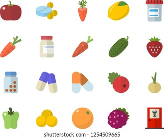 Color flat icon set lemon flat vector, carrot, onion, bell pepper, tomato, cucumber, cranberry, Strawberry, blackberry, orange, pills, vial, vitamins, doctor's office fector