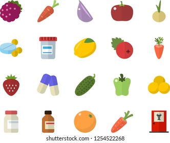 Color flat icon set lemon flat vector, carrot, garlic, onion, bell pepper, tomato, cucumber, cranberry, Strawberry, blackberry, orange, pills, vial, vitamins, doctor's office fector