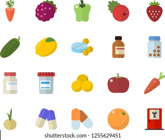 Color flat icon set lemon flat vector, carrot, onion, bell pepper, tomato, cucumber, cranberry, Strawberry, blackberry, orange, pills, vial, vitamins, doctor's office fector