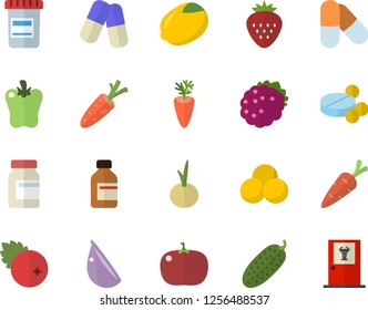 Color flat icon set lemon flat vector, carrot, garlic, onion, bell pepper, tomato, cucumber, cranberry, Strawberry, blackberry, pills, vial, vitamins, doctor's office fector