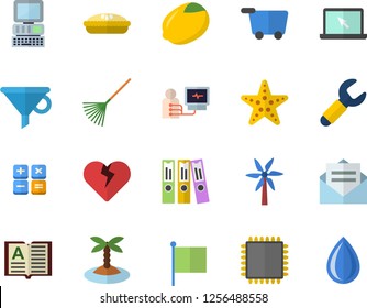 Color flat icon set lemon flat vector, pie, windmill, rake, wrench, funnel, flag, calculator, diagnostics, folder, laptop, computer, cpu, island fector, starfish, grocery trolley, message, heart