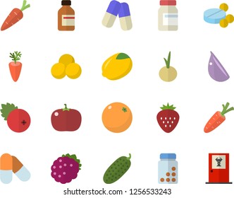 Color flat icon set lemon flat vector, carrot, garlic, onion, tomato, cucumber, cranberry, Strawberry, blackberry, orange, pills, vial, vitamins, doctor's office fector