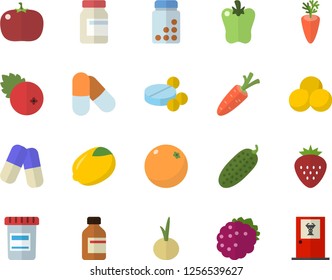 Color flat icon set lemon flat vector, carrot, onion, bell pepper, tomato, cucumber, cranberry, Strawberry, blackberry, orange, pills, vial, vitamins, doctor's office fector