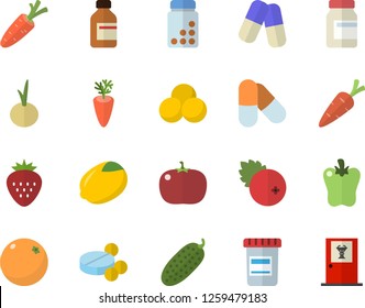 Color flat icon set lemon flat vector, carrot, onion, bell pepper, tomato, cucumber, cranberry, Strawberry, orange, pills, vial, vitamins, doctor's office fector