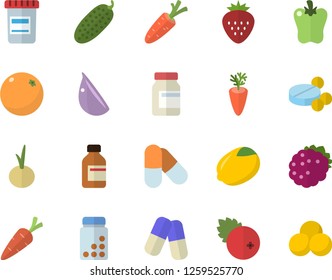 Color flat icon set lemon flat vector, carrot, garlic, onion, bell pepper, cucumber, cranberry, Strawberry, blackberry, orange, pills, vial, vitamins