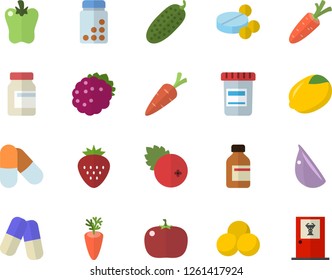 Color flat icon set lemon flat vector, carrot, garlic, bell pepper, tomato, cucumber, cranberry, Strawberry, blackberry, pills, vial, vitamins, doctor's office fector