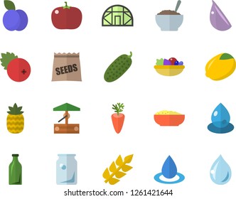 Color flat icon set lemon flat vector, salad, porridge, carrot, garlic, tomato, cucumber, cranberry, pineapple, plum, seeds, well, greenhouse, drop, glass bottles, ear