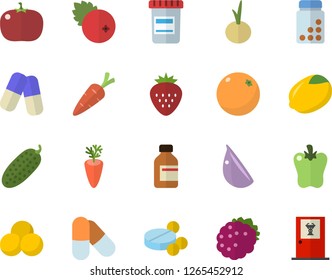 Color flat icon set lemon flat vector, carrot, garlic, onion, bell pepper, tomato, cucumber, cranberry, Strawberry, blackberry, orange, pills, vial, vitamins, doctor's office fector