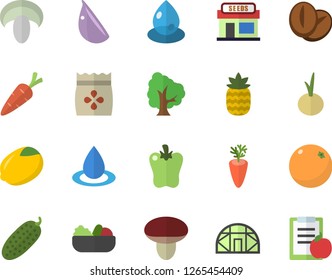 Color flat icon set lemon flat vector, mushroom, salad, coffee beans, carrot, garlic, onion, bell pepper, cucumber, pineapple, orange, seeds, tree, grain warehouse, greenhouse, drop, diet