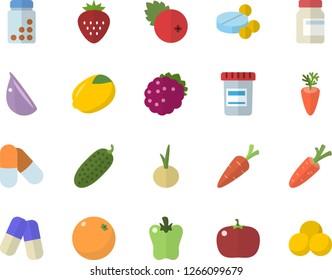 Color flat icon set lemon flat vector, carrot, garlic, onion, bell pepper, tomato, cucumber, cranberry, Strawberry, blackberry, orange, pills, vial, vitamins
