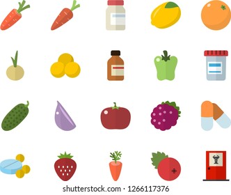 Color flat icon set lemon flat vector, carrot, garlic, onion, bell pepper, tomato, cucumber, cranberry, Strawberry, blackberry, orange, pills, vial, vitamins, doctor's office fector