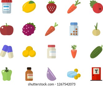Color flat icon set lemon flat vector, carrot, garlic, onion, bell pepper, tomato, cucumber, cranberry, Strawberry, blackberry, pills, vial, vitamins, doctor's office fector