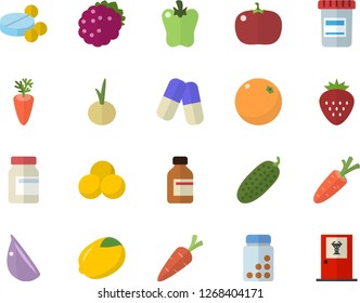 Color flat icon set lemon flat vector, carrot, garlic, onion, bell pepper, tomato, cucumber, Strawberry, blackberry, orange, pills, vial, vitamins, doctor's office fector