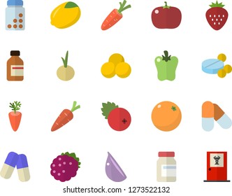 Color flat icon set lemon flat vector, carrot, garlic, onion, bell pepper, tomato, cranberry, Strawberry, blackberry, orange, pills, vial, vitamins, doctor's office fector