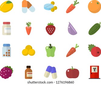 Color flat icon set lemon flat vector, carrot, garlic, bell pepper, tomato, cucumber, cranberry, Strawberry, blackberry, orange, pills, vial, vitamins, doctor's office fector