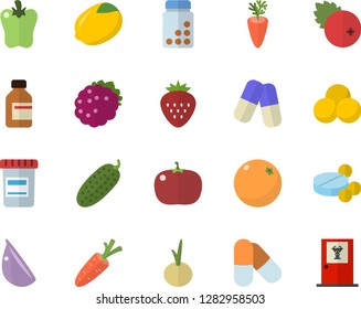 Color flat icon set lemon flat vector, carrot, garlic, onion, bell pepper, tomato, cucumber, cranberry, Strawberry, blackberry, orange, pills, vial, vitamins, doctor's office fector