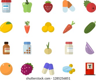 Color flat icon set lemon flat vector, carrot, garlic, onion, bell pepper, cucumber, cranberry, Strawberry, blackberry, orange, pills, vial, vitamins, doctor's office fector