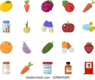 Color flat icon set lemon flat vector, carrot, garlic, onion, tomato, cucumber, cranberry, Strawberry, blackberry, orange, pills, vial, vitamins, doctor's office fector
