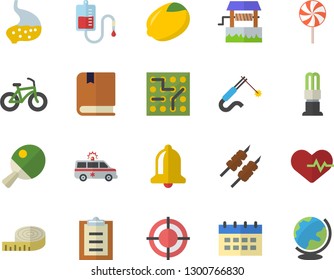 Color flat icon set lemon flat vector, shashlik, lollipop, well, energy saving lamp, welding, blood transfusion, ambulance, stomach, target, textbook, electronic circuit, heartbeat, centimeter, bell