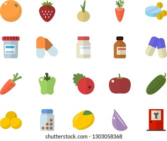 Color flat icon set lemon flat vector, carrot, garlic, onion, bell pepper, tomato, cucumber, cranberry, Strawberry, orange, pills, vial, vitamins, doctor's office