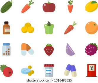 Color flat icon set lemon flat vector, carrot, garlic, bell pepper, tomato, cucumber, cranberry, Strawberry, blackberry, orange, pills, vial, vitamins, doctor's office fector