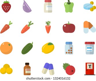 Color flat icon set lemon flat vector, carrot, garlic, bell pepper, tomato, cucumber, cranberry, Strawberry, orange, pills, vial, vitamins, doctor's office fector