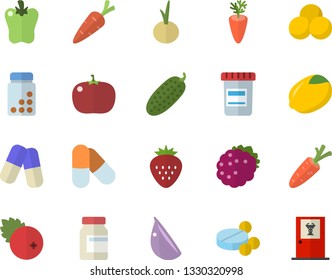 Color flat icon set lemon flat vector, carrot, garlic, onion, bell pepper, tomato, cucumber, cranberry, Strawberry, blackberry, pills, vial, vitamins, doctor's office fector