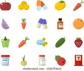 Color flat icon set lemon flat vector, carrot, garlic, onion, bell pepper, tomato, cucumber, cranberry, Strawberry, orange, pills, vial, vitamins, doctor's office fector