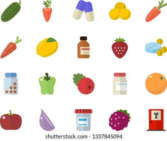 Color flat icon set lemon flat vector, carrot, garlic, bell pepper, tomato, cucumber, cranberry, Strawberry, blackberry, orange, pills, vial, vitamins, doctor's office fector