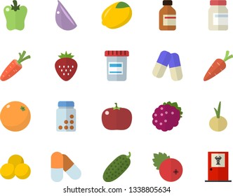 Color flat icon set lemon flat vector, garlic, onion, bell pepper, tomato, cucumber, cranberry, Strawberry, blackberry, orange, carrot, pills, vial, vitamins, doctor's office fector