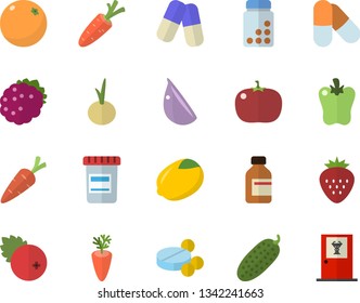 Color flat icon set lemon flat vector, carrot, garlic, onion, bell pepper, tomato, cucumber, cranberry, Strawberry, blackberry, orange, pills, vial, vitamins, doctor's office fector