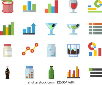 Color flat icon set lemonade flat vector, wine, cocktail, whiskey, glass bottles, chart, statistics, scatter, statistic, achievement, vitamins, steroids, fector, menu