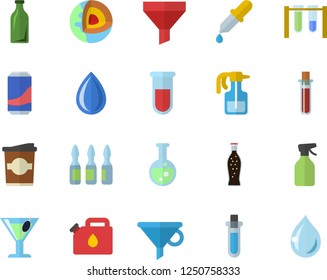 Color flat icon set lemonade flat vector, cocktail, coffe, pulverizer, canister, glass bottles, funnel, pipette, blood test, ampoule, flask, beakers, core of the earth fector, drop