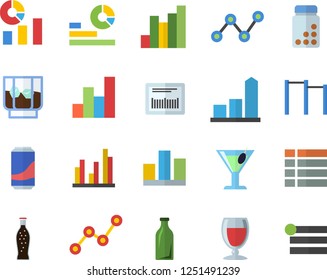 Color flat icon set lemonade flat vector, wine, cocktail, whiskey, glass bottles, chart, statistics, scatter, barcode, statistic, vitamins, parallel bars, menu