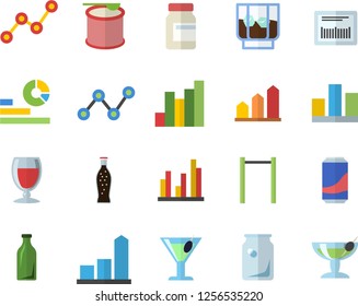 Color flat icon set lemonade flat vector, wine, cocktail, whiskey, glass bottles, chart, statistics, scatter, barcode, statistic, achievement, vitamins, parallel bars, steroids, fector