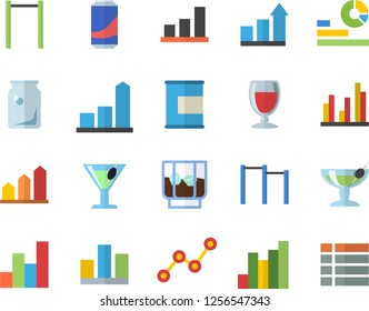 Color flat icon set lemonade flat vector, wine, cocktail, whiskey, glass bottles, chart, statistics, scatter, statistic, achievement, parallel bars, proteins, fector, menu