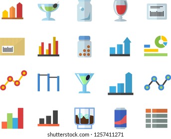 Color flat icon set lemonade flat vector, wine, cocktail, whiskey, glass bottles, chart, statistics, scatter, barcode, statistic, achievement, vitamins, parallel bars, fector, menu
