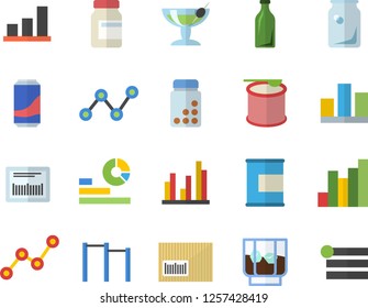 Color flat icon set lemonade flat vector, whiskey, glass bottles, chart, statistics, scatter, barcode, statistic, vitamins, parallel bars, proteins, steroids, cocktail fector, menu