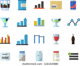 Color flat icon set lemonade flat vector, wine, cocktail, whiskey, glass bottles, chart, scatter, barcode, statistic, achievement, vitamins, parallel bars, proteins, fector, menu