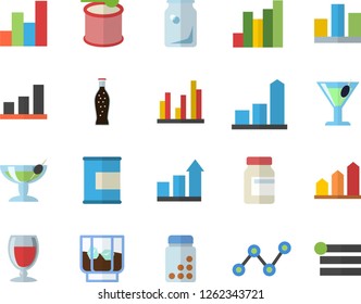 Color flat icon set lemonade flat vector, wine, cocktail, whiskey, glass bottles, chart, scatter, statistic, achievement, vitamins, proteins, steroids, fector, menu