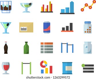 Color flat icon set lemonade flat vector, wine, cocktail, whiskey, glass bottles, chart, statistics, scatter, barcode, statistic, vitamins, parallel bars, proteins, fector, menu