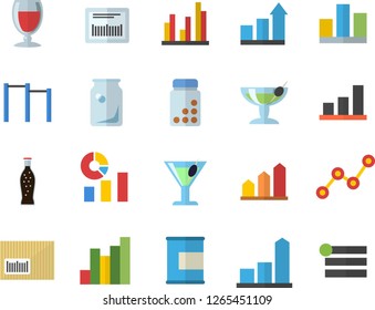 Color flat icon set lemonade flat vector, wine, cocktail, glass bottles, chart, statistics, scatter, barcode, statistic, achievement, vitamins, parallel bars, proteins, fector, menu