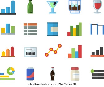 Color flat icon set lemonade flat vector, wine, cocktail, whiskey, glass bottles, chart, statistics, scatter, barcode, statistic, achievement, vitamins, parallel bars, proteins, menu