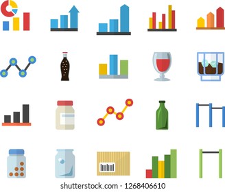 Color flat icon set lemonade flat vector, wine, whiskey, glass bottles, chart, statistics, scatter, barcode, statistic, achievement, vitamins, parallel bars
