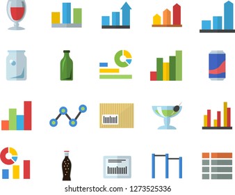 Color flat icon set lemonade flat vector, wine, glass bottles, chart, statistics, scatter, barcode, statistic, achievement, parallel bars, cocktail fector, menu