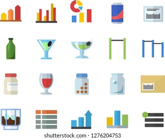 Color flat icon set lemonade flat vector, wine, cocktail, whiskey, glass bottles, statistics, barcode, statistic, achievement chart, vitamins, parallel bars, fector, menu