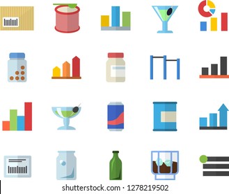 Color flat icon set lemonade flat vector, cocktail, whiskey, glass bottles, statistics, barcode, statistic, chart, achievement, vitamins, parallel bars, proteins, steroids, fector, menu