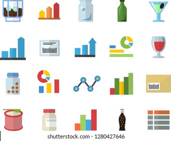 Color flat icon set lemonade flat vector, wine, cocktail, whiskey, glass bottles, chart, statistics, scatter, barcode, achievement, vitamins, steroids, menu