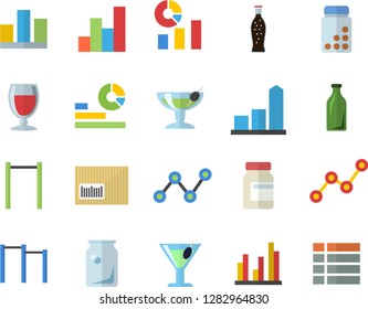Color flat icon set lemonade flat vector, wine, cocktail, glass bottles, chart, statistics, scatter, barcode, statistic, vitamins, parallel bars, fector, menu